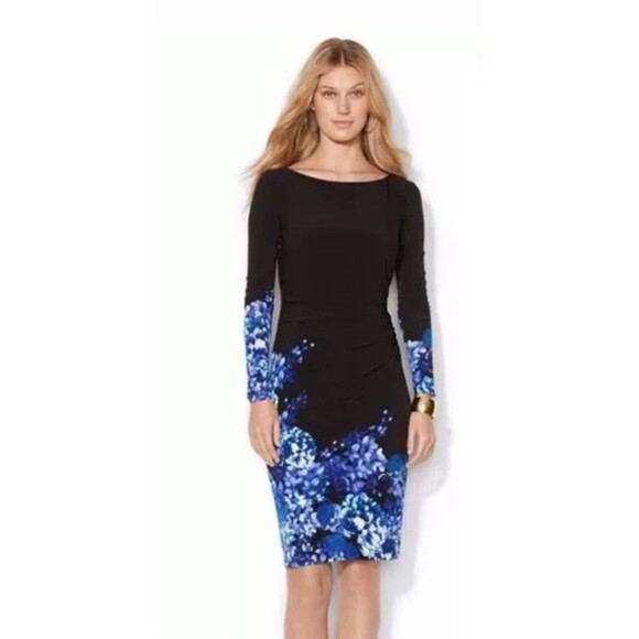 Lauren Ralph Lauren Dress Women's Black Blue Floral Long Sleeve Ruched Size 10P - Picture 1 of 12